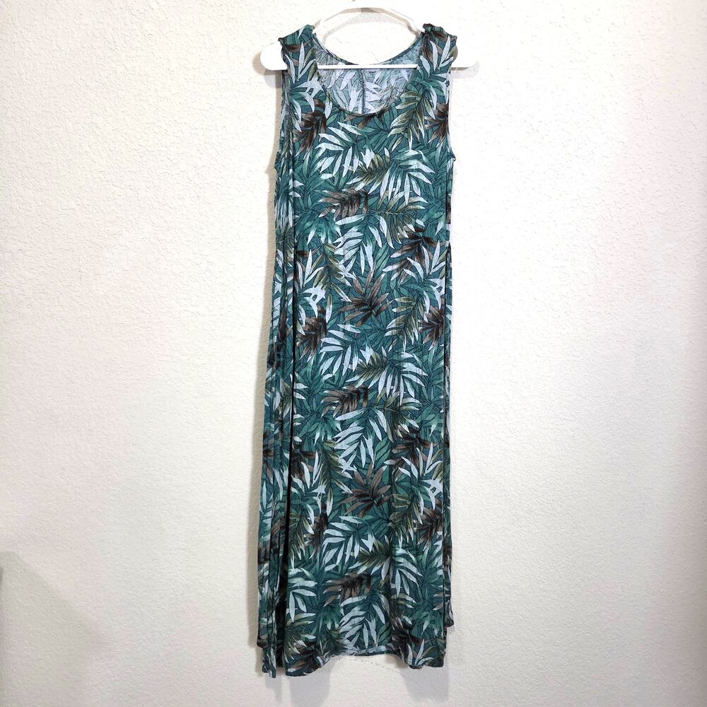 Sleeveless Midi Dress Womens Small / Medium Tropical Leaf Print Casual Summer